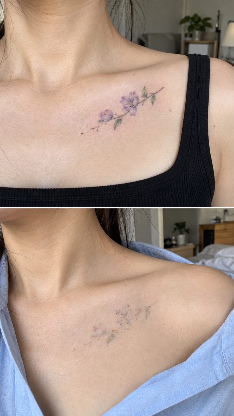 锁骨彩色花枝:治疗前与四次以上治疗后,吉隆坡 Removal-KL 洗纹身真实案例